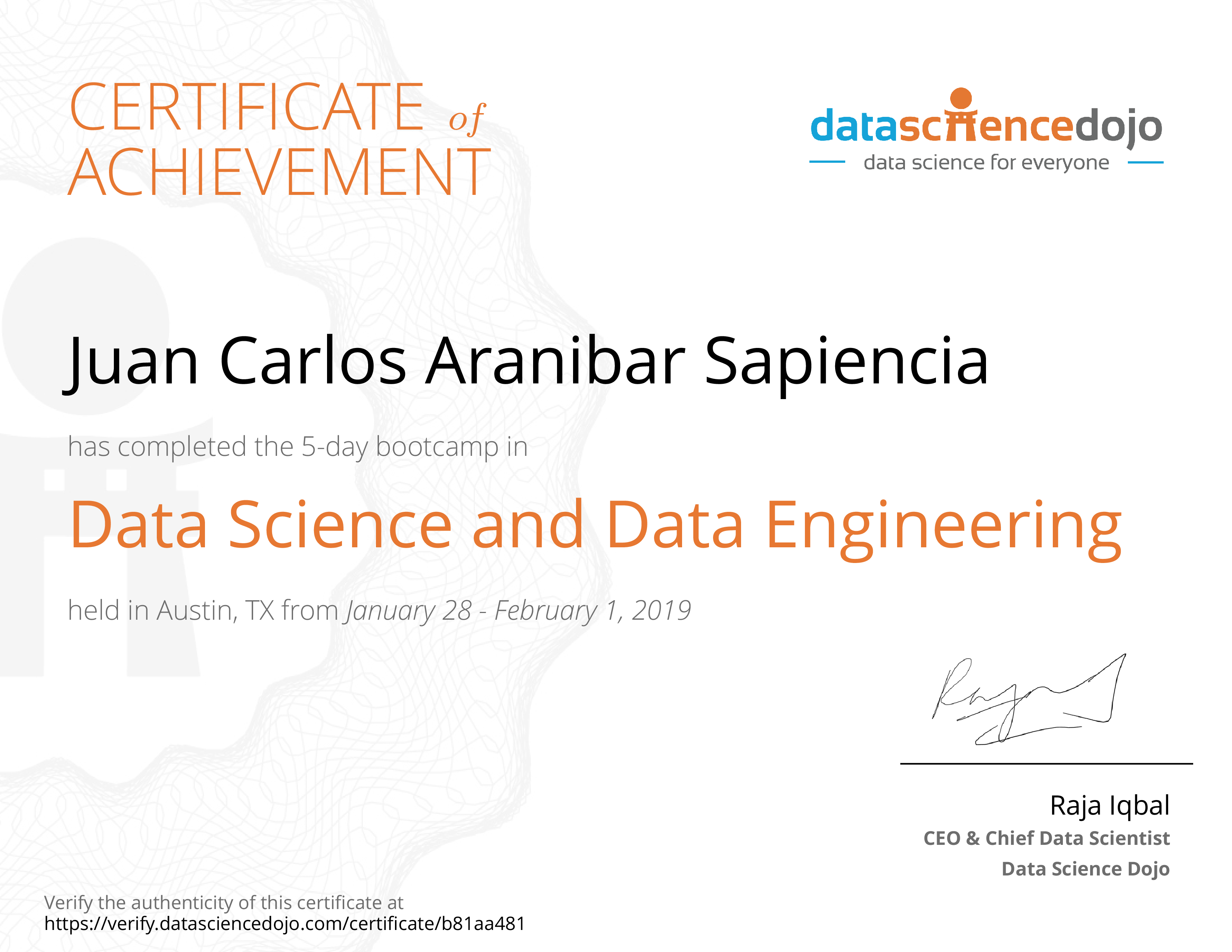 Juan Carlos Aranibar Sapiencia's Certificate | Data Science Dojo