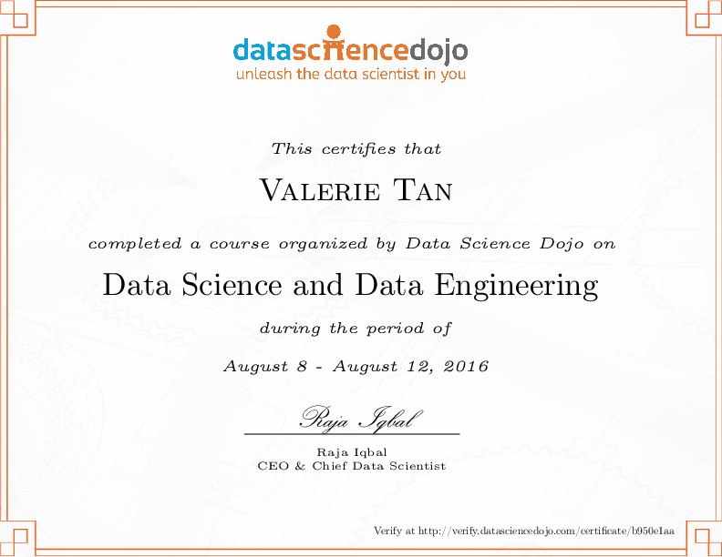 Valerie Tan's Certificate | Data Science Dojo