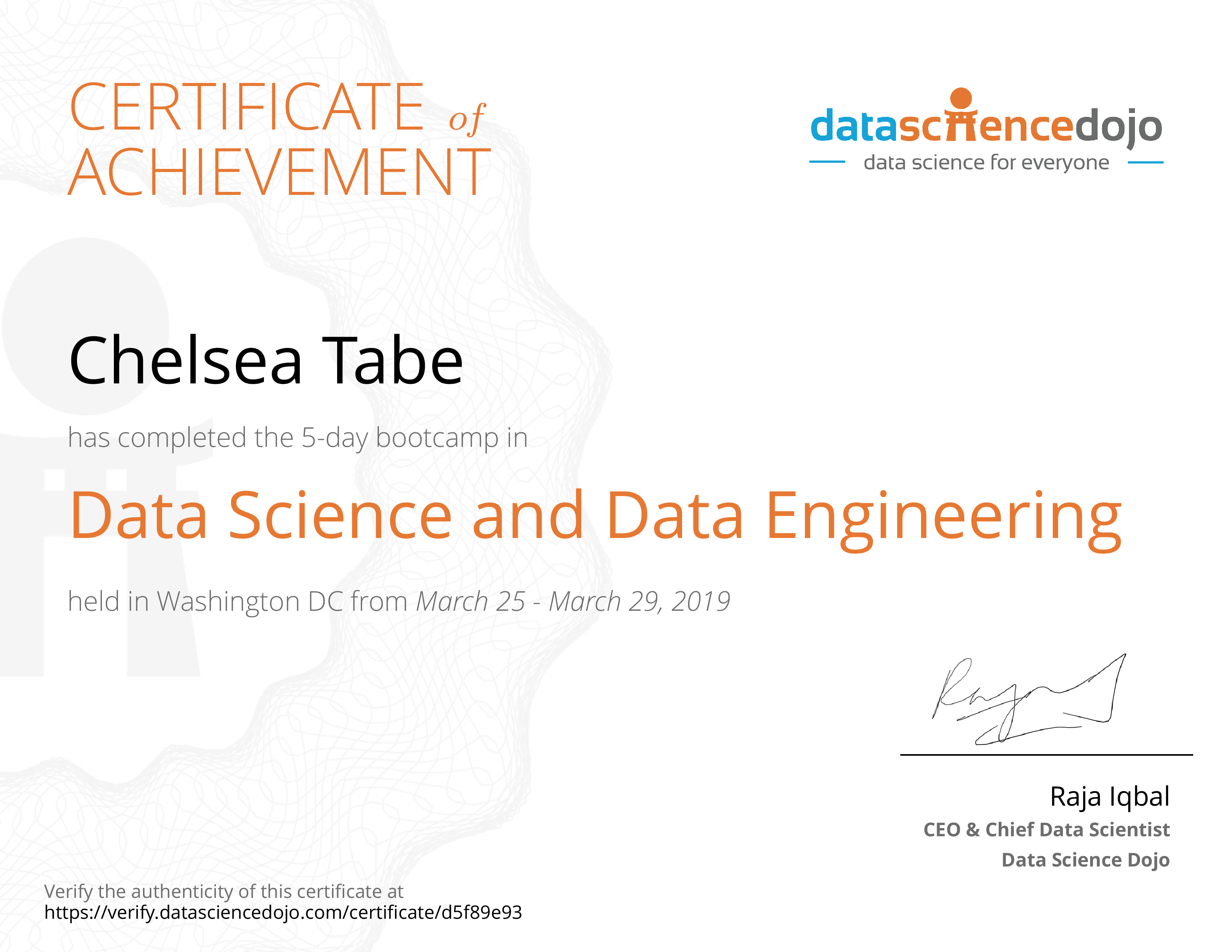 Chelsea Tabe's Certificate | Data Science Dojo