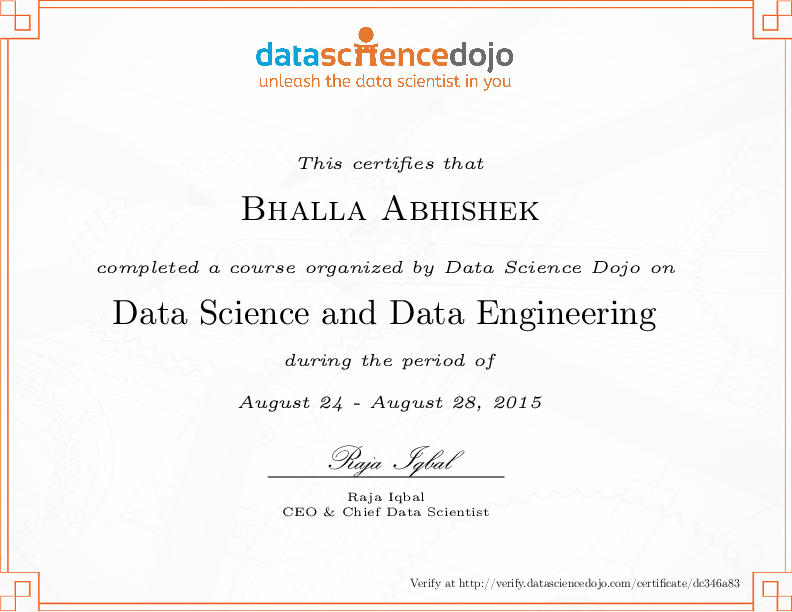 Bhalla Abhishek's Certificate | Data Science Dojo